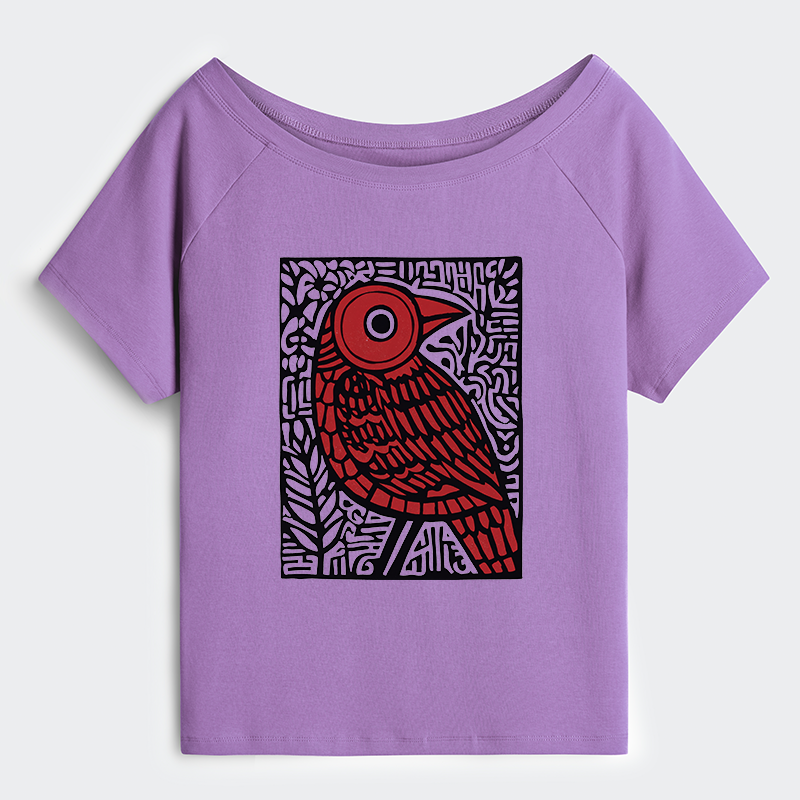 Tokyo-Tiger Retro Woodblock Bird Off Shoulder T-Shirt