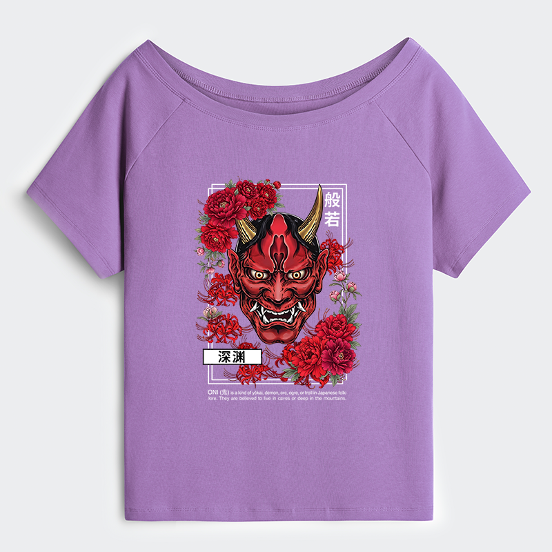 Tokyo-Tiger Cool Oni Floral Art Off Shoulder T-Shirt