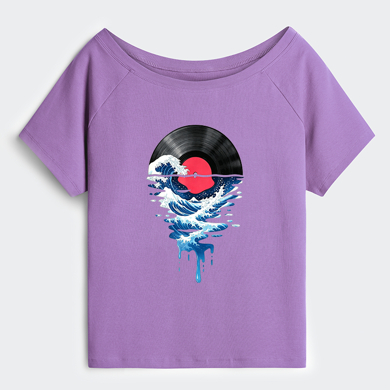 Tokyo-Tiger Vinyl Records And Waves Off Shoulder T-Shirt