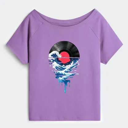 Tokyo-Tiger Vinyl Records And Waves Off Shoulder T-Shirt