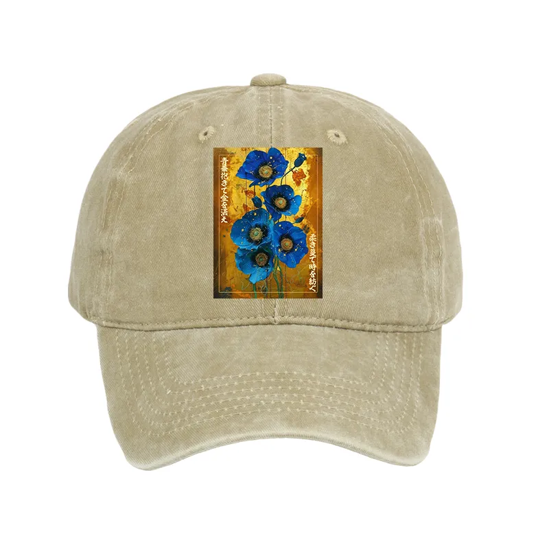 Tokyo-Tiger Shiny Blue Flower Warm Golden Background Washed Cap