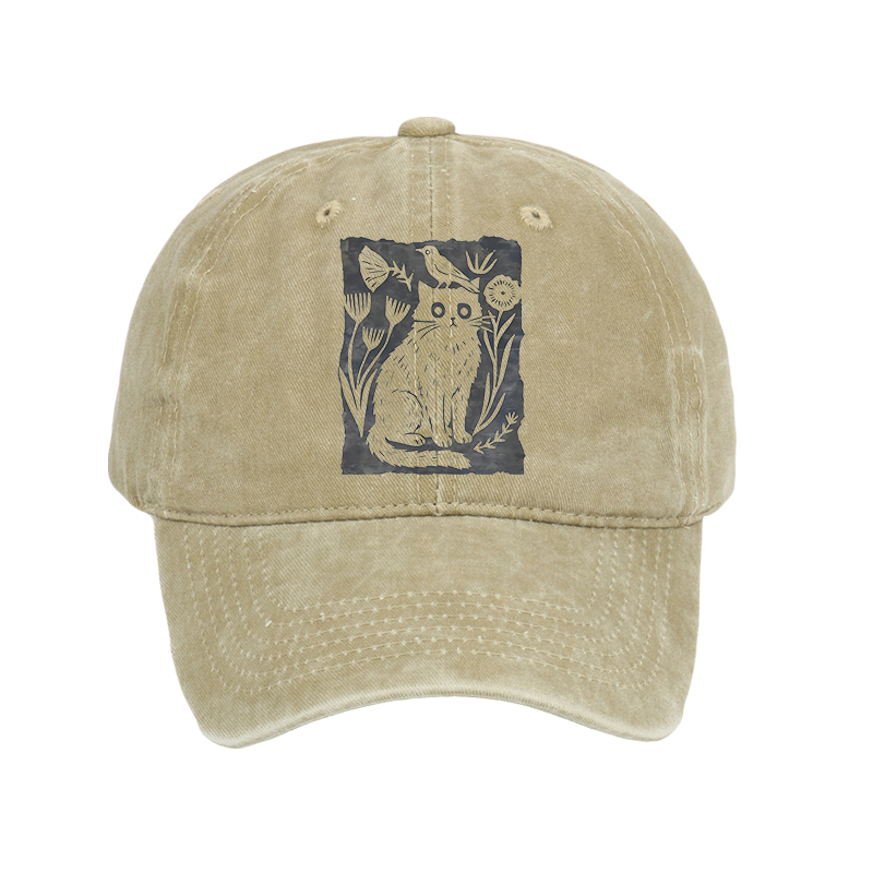 Tokyo-Tiger Folk Paper Cut Cat Bird Floral Art Washed Cap