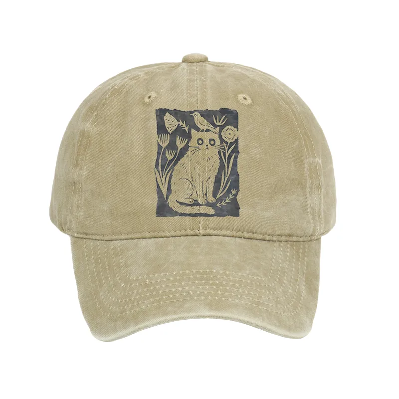 Tokyo-Tiger Folk Paper Cut Cat Bird Floral Art Washed Cap