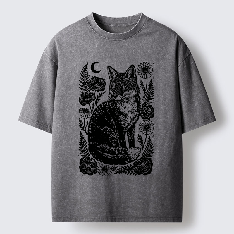 Tokyo‑Tiger Wild Fox Floral Vibe Washed T‑Shirt