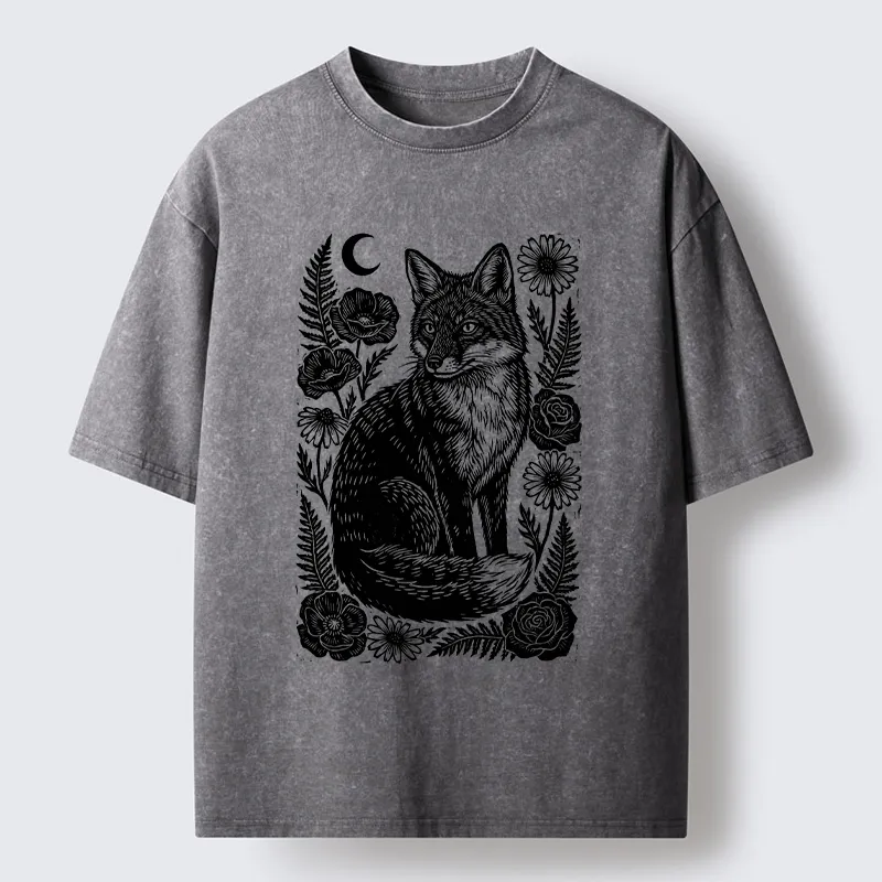 Tokyo‑Tiger Wild Fox Floral Vibe Washed T‑Shirt