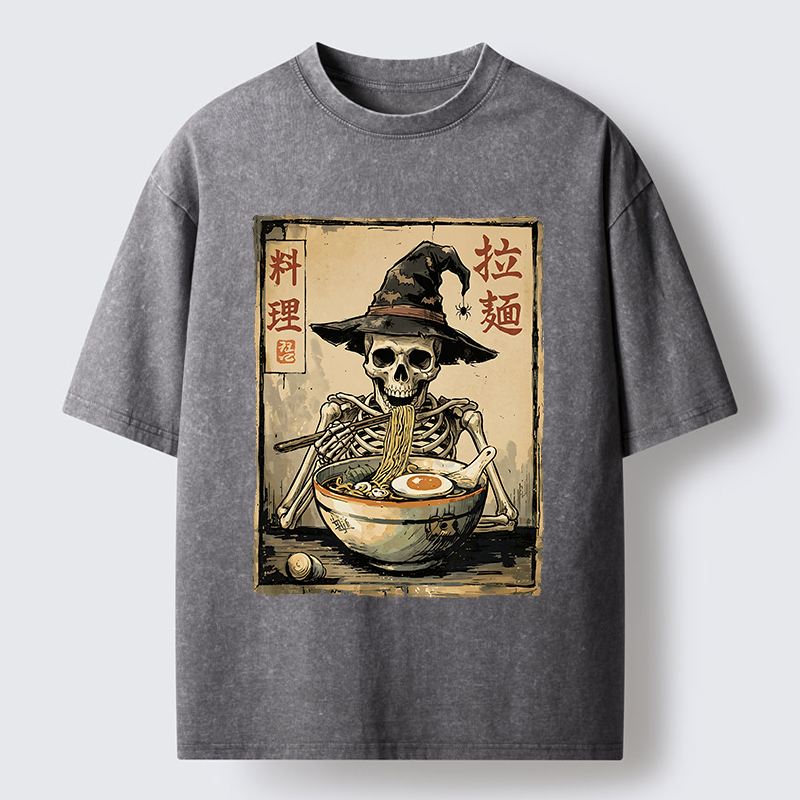 Tokyo‑Tiger Skeleton Ramen Meme Washed T‑Shirt