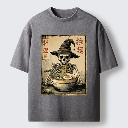 Tokyo‑Tiger Skeleton Ramen Meme Washed T‑Shirt