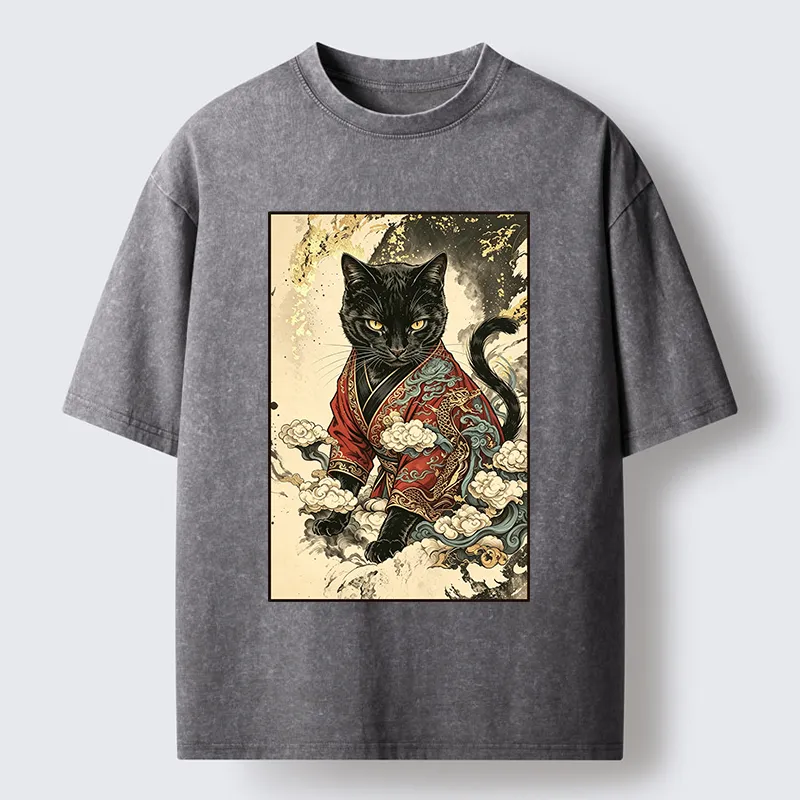 Tokyo‑Tiger Traditional Robe Cat Art Washed T‑Shirt