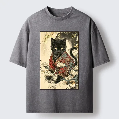 Tokyo‑Tiger Traditional Robe Cat Art Washed T‑Shirt