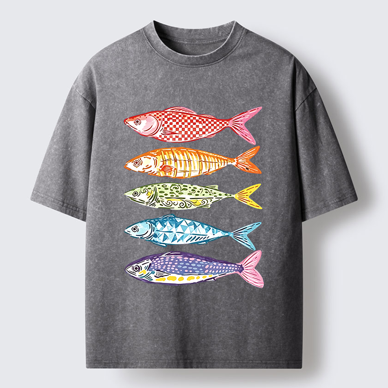 Tokyo‑Tiger Colorful Multi Pattern Fish Washed T‑Shirt