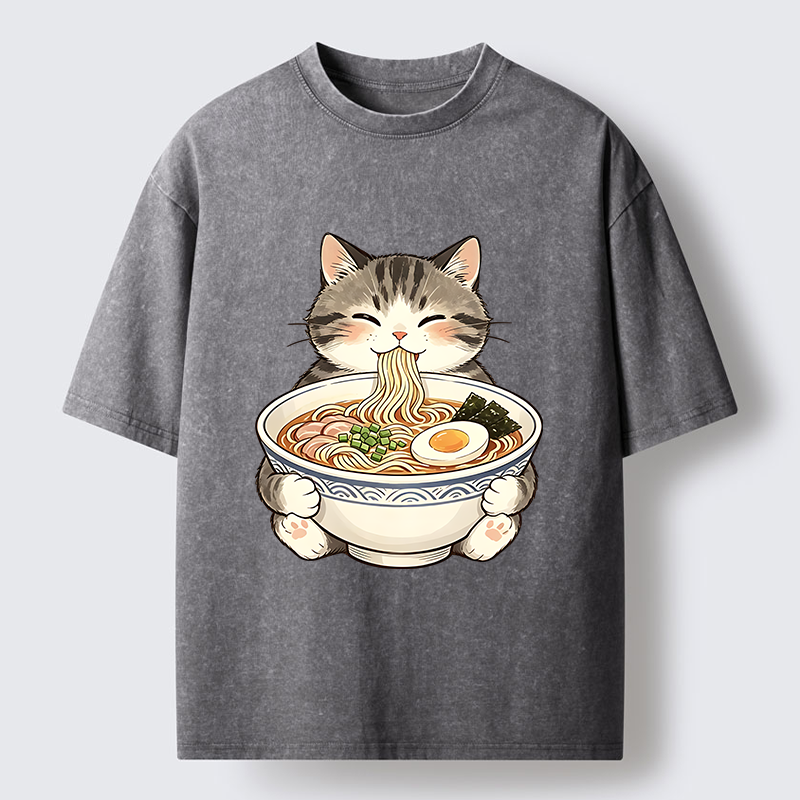 Tokyo‑Tiger Funny Cat Ramen Meme Washed T‑Shirt
