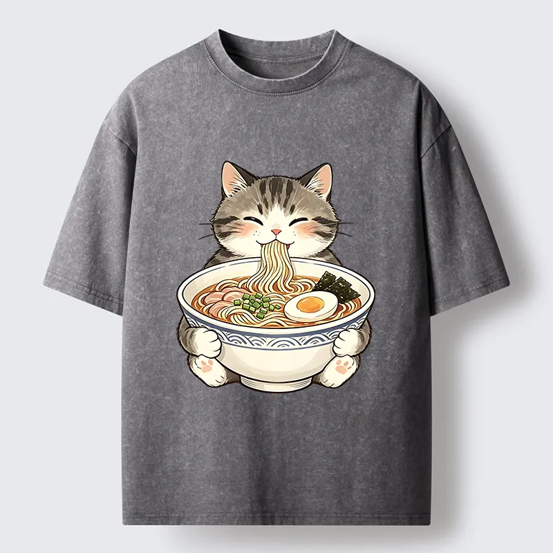 Tokyo‑Tiger Funny Cat Ramen Meme Washed T‑Shirt