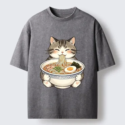 Tokyo‑Tiger Funny Cat Ramen Meme Washed T‑Shirt