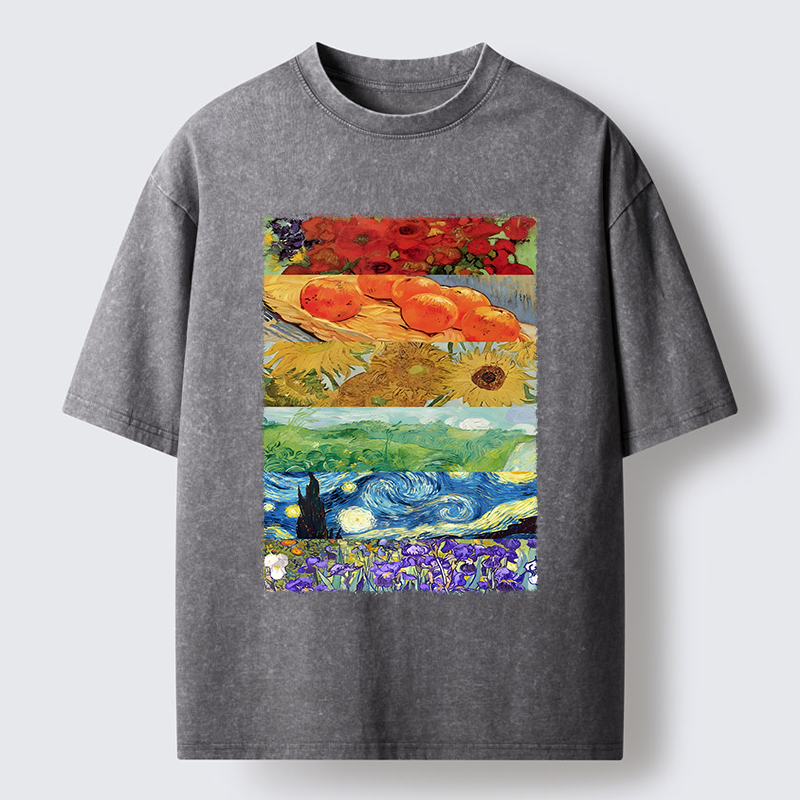 Tokyo‑Tiger Van Gogh Floral Scene Art Washed T‑Shirt