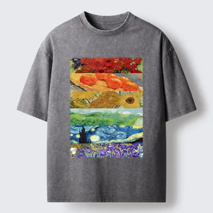 Tokyo‑Tiger Van Gogh Floral Scene Art Washed T‑Shirt