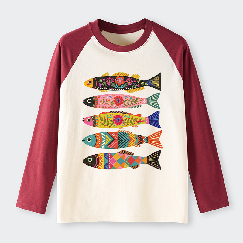 Tokyo-Tiger Colorful Patterned Fish Raglan Long Sleeve T-shirt