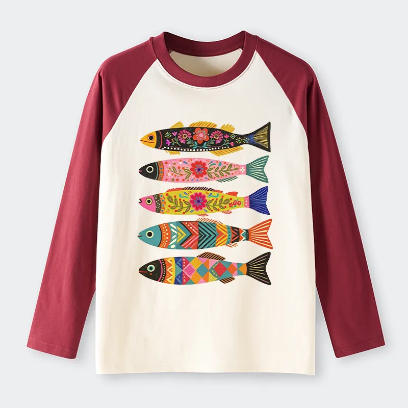 Tokyo-Tiger Colorful Patterned Fish Raglan Long Sleeve T-shirt