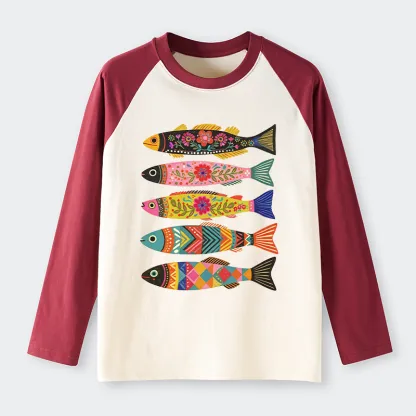 Tokyo-Tiger Colorful Patterned Fish Raglan Long Sleeve T-shirt