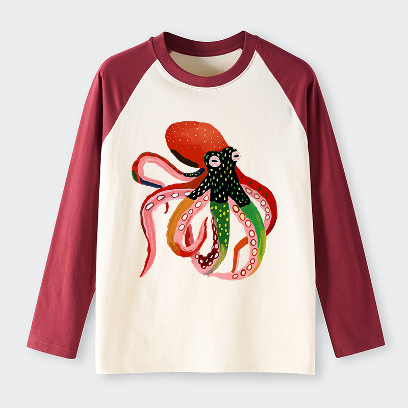 Tokyo-Tiger Colorful Octopus Art Raglan Long Sleeve T-shirt