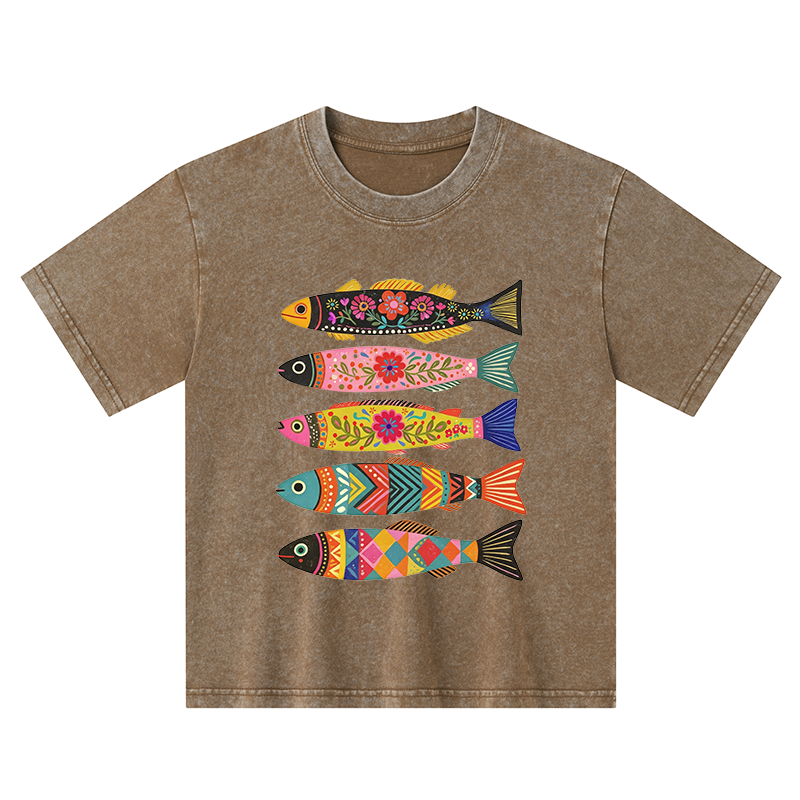 Tokyo-Tiger Colorful Patterned Fish Kids Washed T-Shirt