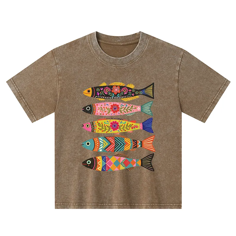Tokyo-Tiger Colorful Patterned Fish Kids Washed T-Shirt