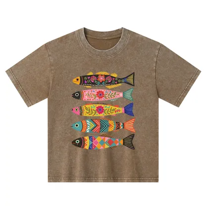 Tokyo-Tiger Colorful Patterned Fish Kids Washed T-Shirt