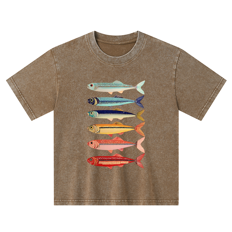 Tokyo-Tiger Colorful Fish Stack Kids Washed T-Shirt