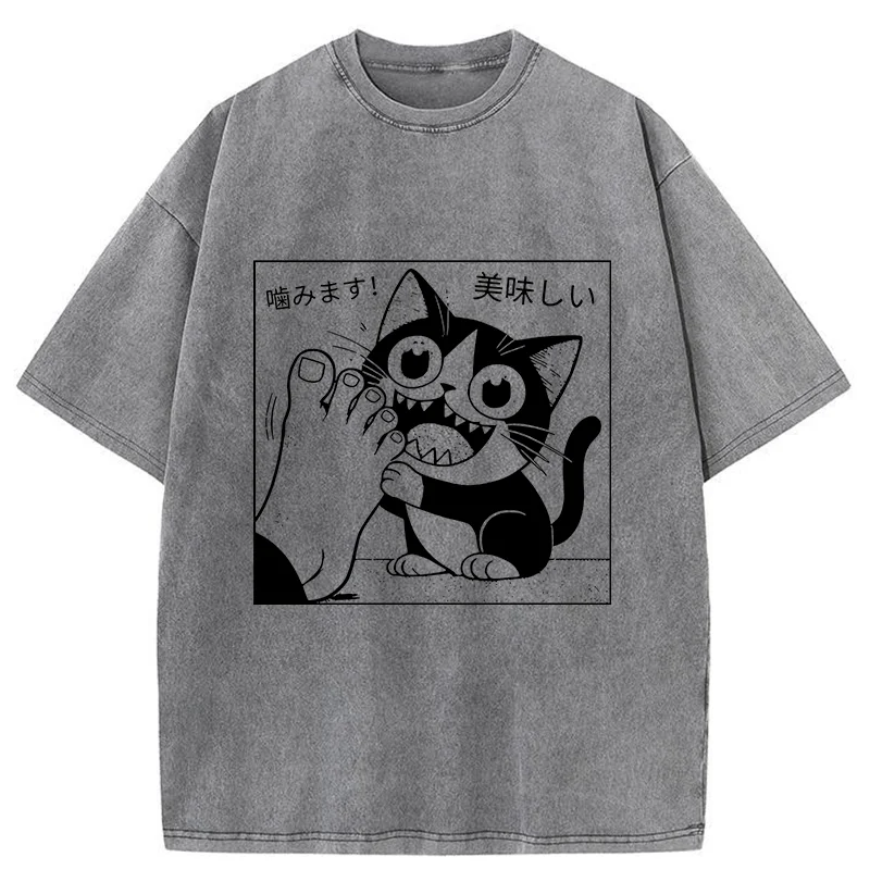 Tokyo-Tiger Cat Chewing Human Feet Washed T-Shirt