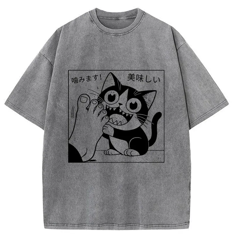 Tokyo-Tiger Cat Chewing Human Feet Washed T-Shirt