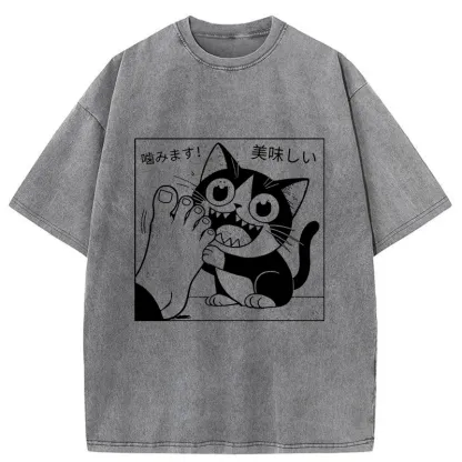 Tokyo-Tiger Cat Chewing Human Feet Washed T-Shirt