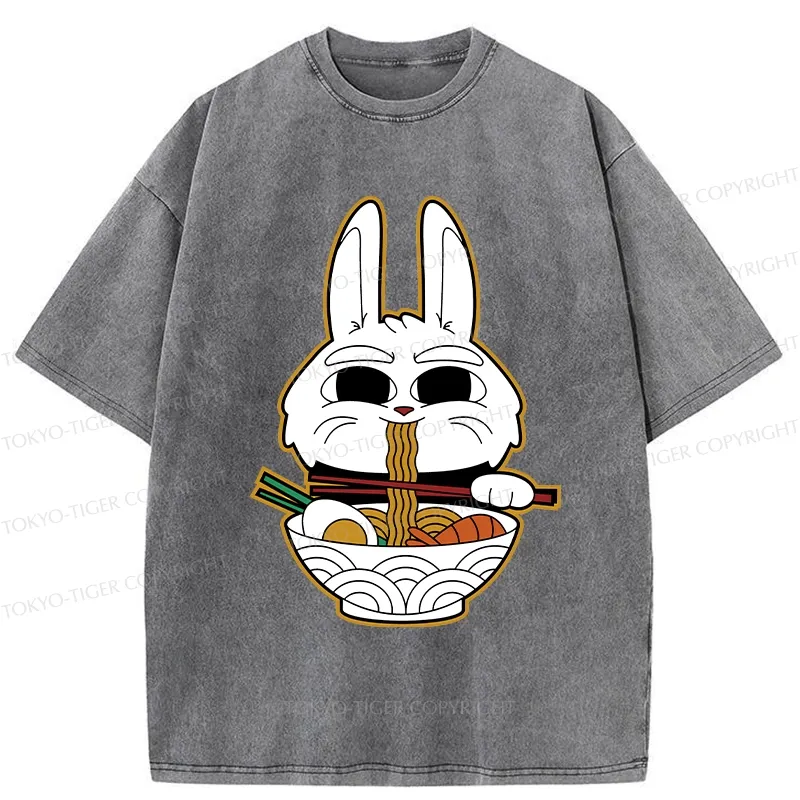 Tokyo-Tiger Rabbit Eating Ramen Washed T-Shirt