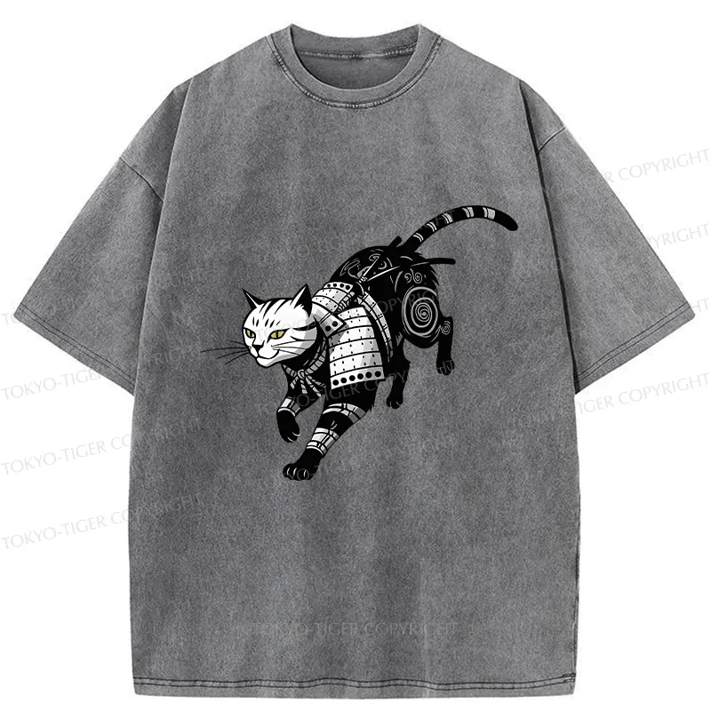 Tokyo-Tiger Armor Samurai Cat Washed T-Shirt