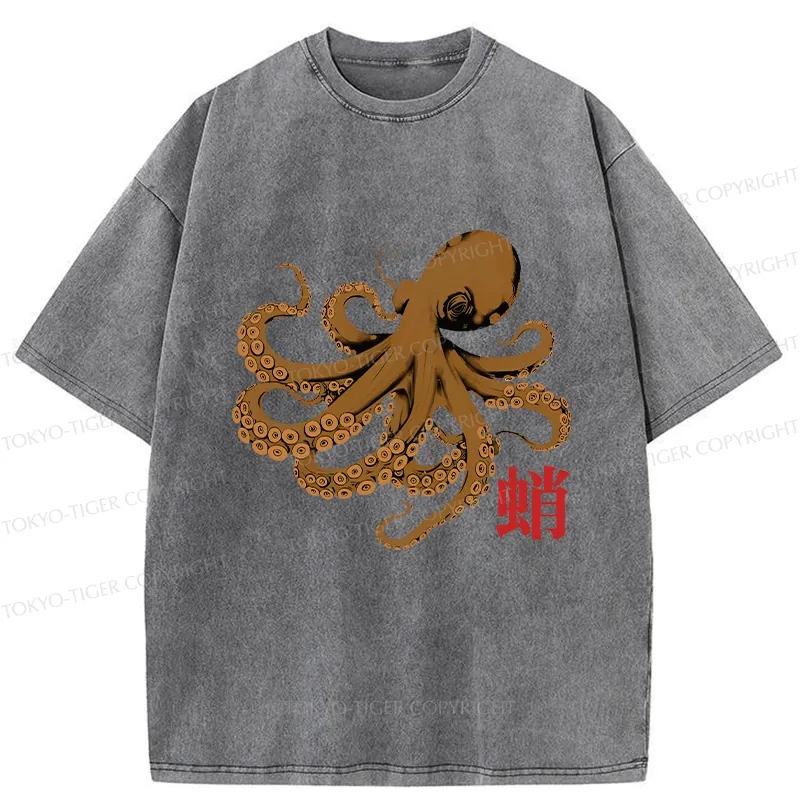 Tokyo-Tiger Retro Japanese Octopus Washed T-Shirt