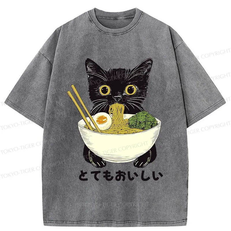 Tokyo-Tiger Ramen Lover Cute Cat Washed T-Shirt
