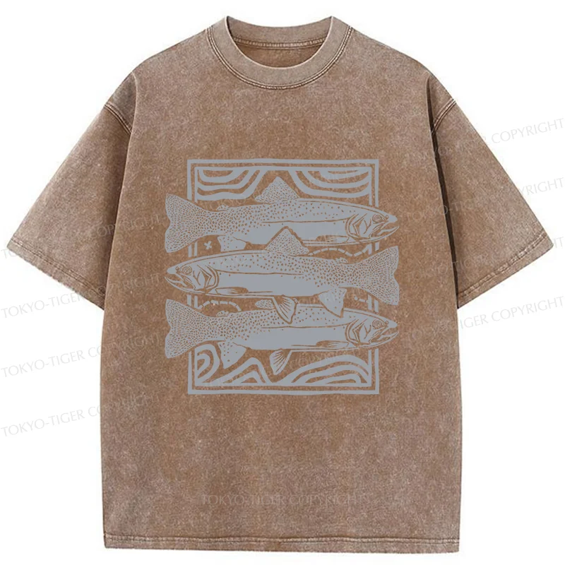 Tokyo-Tiger Big Fish Woodcut Washed T-Shirt