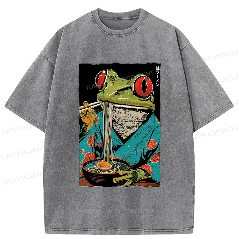 Tokyo-Tiger Frog Monster Eating Ramen Washed T-Shirt