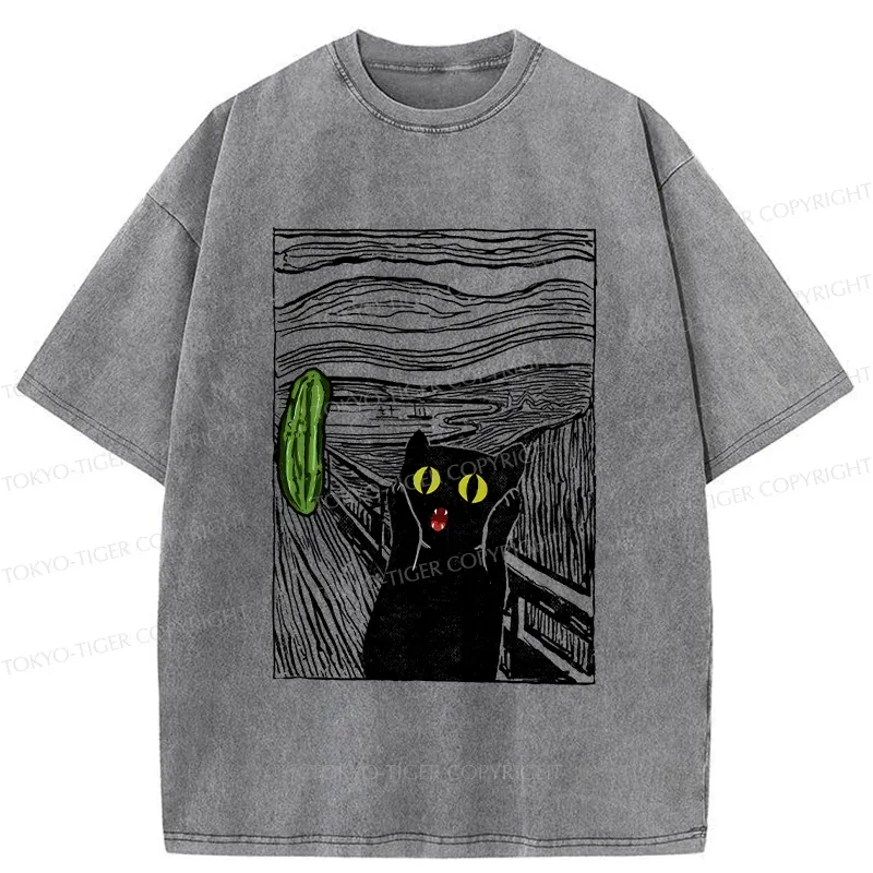 Tokyo-Tiger Cat Afraid Of Cucumbers Washed T-Shirt