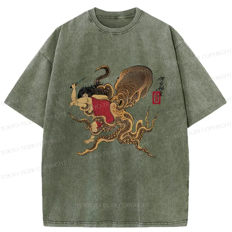 Tokyo-Tiger Man And Octopus Fighting Washed T-Shirt