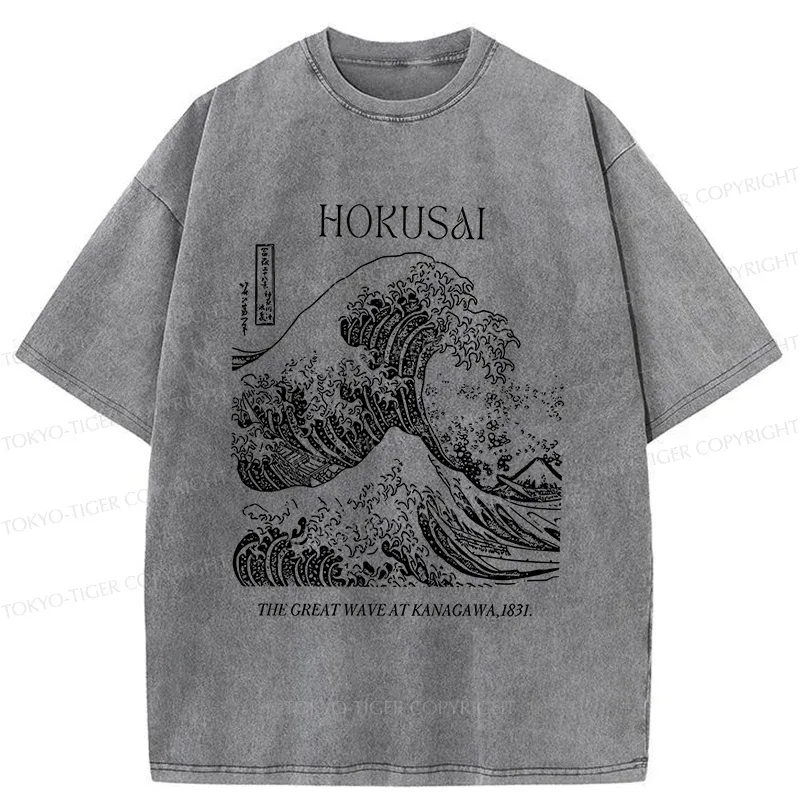 Tokyo-Tiger Retro Ukiyo-e Waves Washed T-Shirt