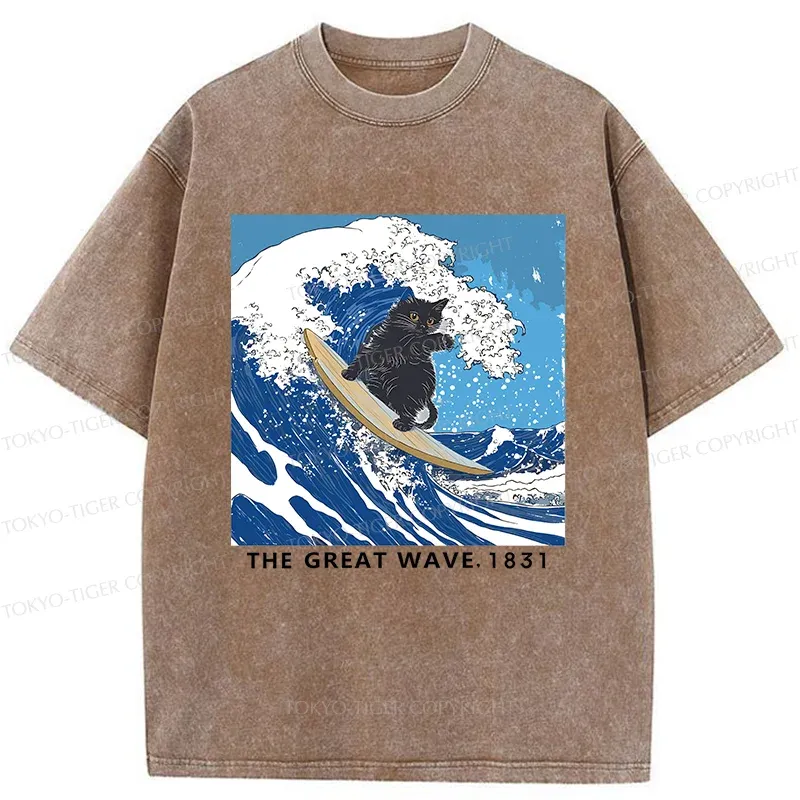 Tokyo-Tiger Cat Surfing Funny Washed T-Shirt