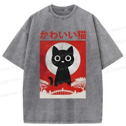 Tokyo-Tiger Cute Retro Cat Washed T-Shirt