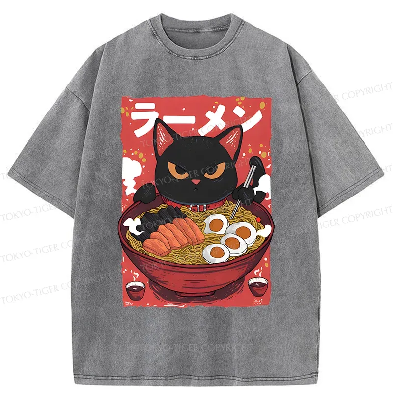 Tokyo-Tiger Black Cat Eating Ramen Washed T-Shirt