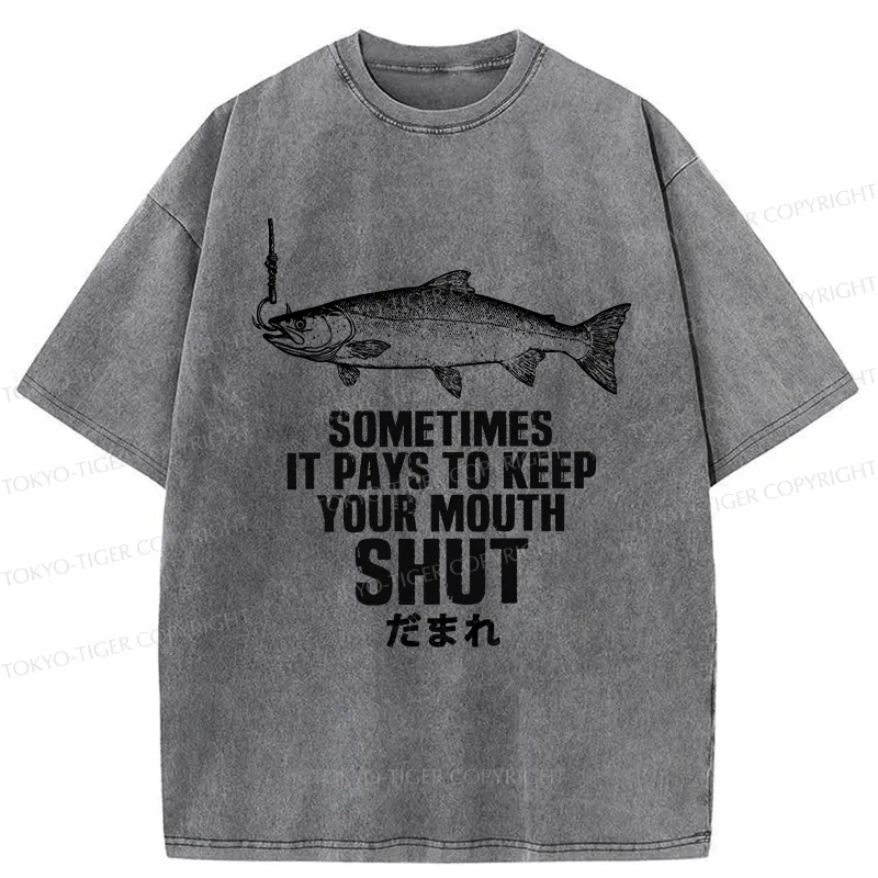 Tokyo-Tiger Funny Fish Shut Up Washed T-Shirt