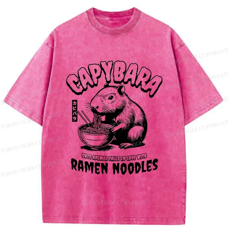 Tokyo-Tiger Retro Capybara Eating Ramen Washed T-Shirt