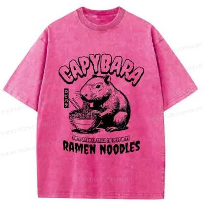 Tokyo-Tiger Retro Capybara Eating Ramen Washed T-Shirt