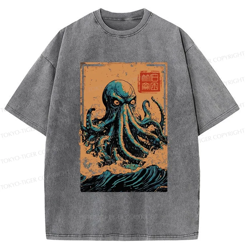 Tokyo-Tiger The Great Wave Off Octopus Washed T-Shirt