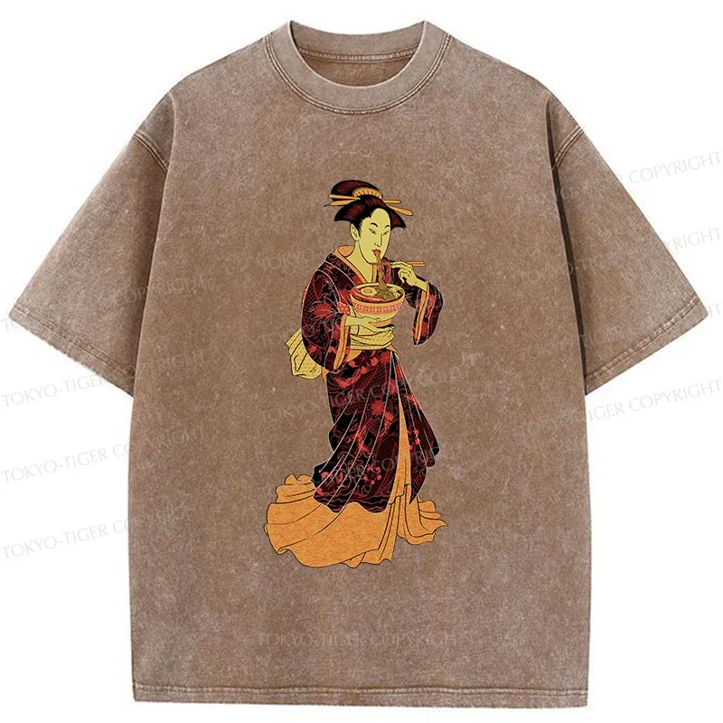 Tokyo-Tiger Geisha Eating Ramen Washed T-Shirt