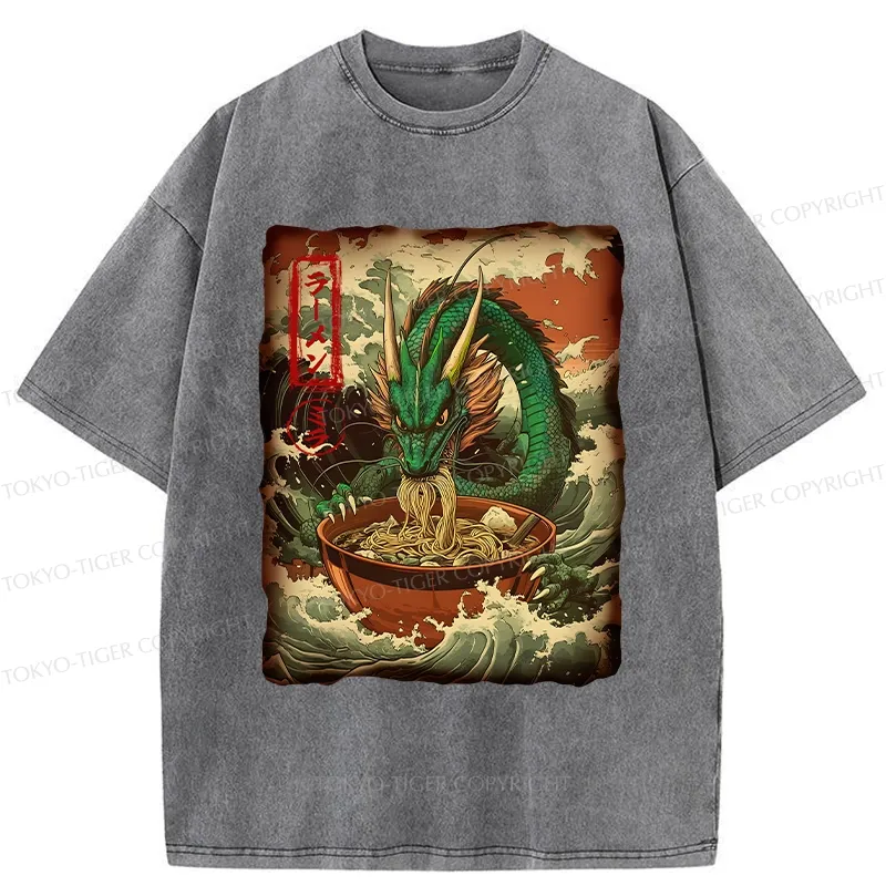 Tokyo-Tiger Ramen Lover Giant Dragon Washed T-Shirt