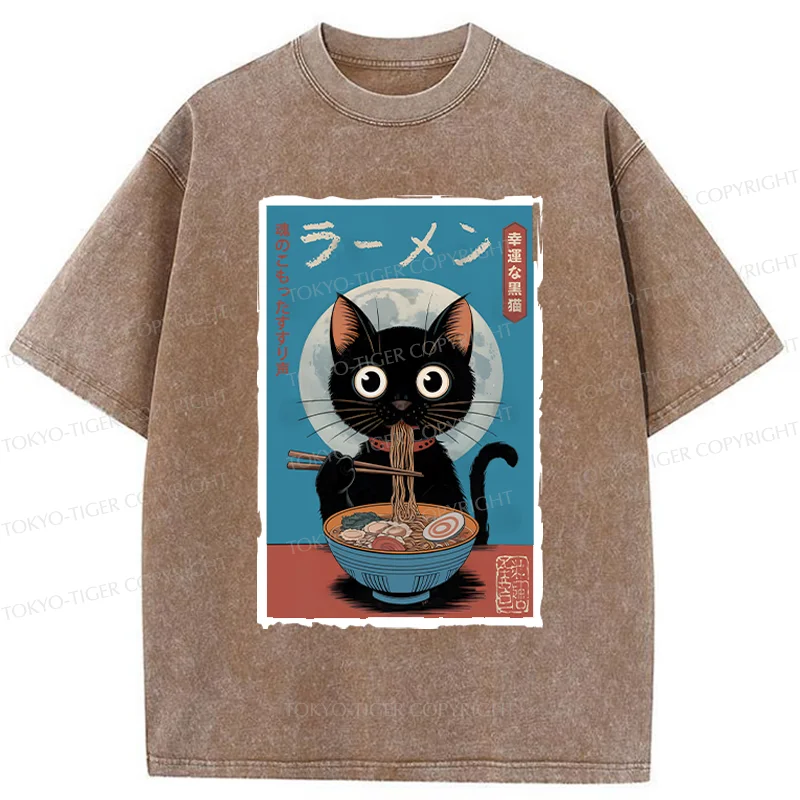 Tokyo-Tiger Black Cat Eating Delicious Ramen Washed T-Shirt