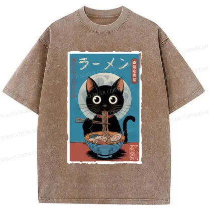 Tokyo-Tiger Black Cat Eating Delicious Ramen Washed T-Shirt